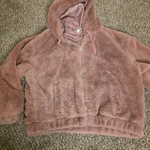 Time and Tru Womens XL Faux Fur Zip Up Hoodie Mauve Pink Teddy Jacket